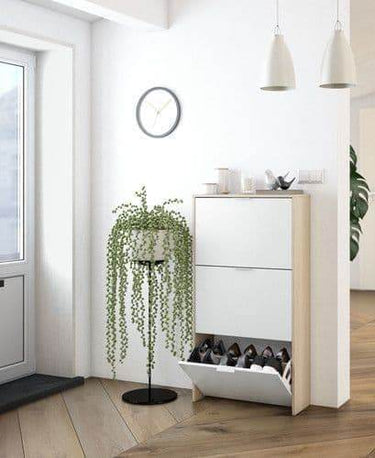 Marvin White and Oak Effect Shoe Cabinet with Three Folding Doors - UK Luxury Furniture